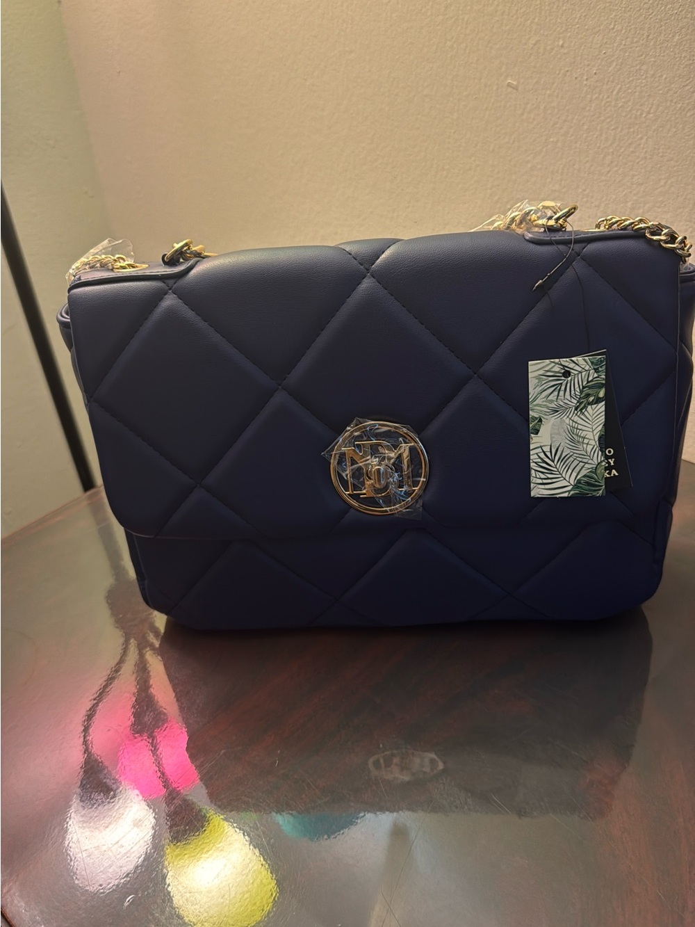 Quilted Navy Shoulder Bag with Gold Chain